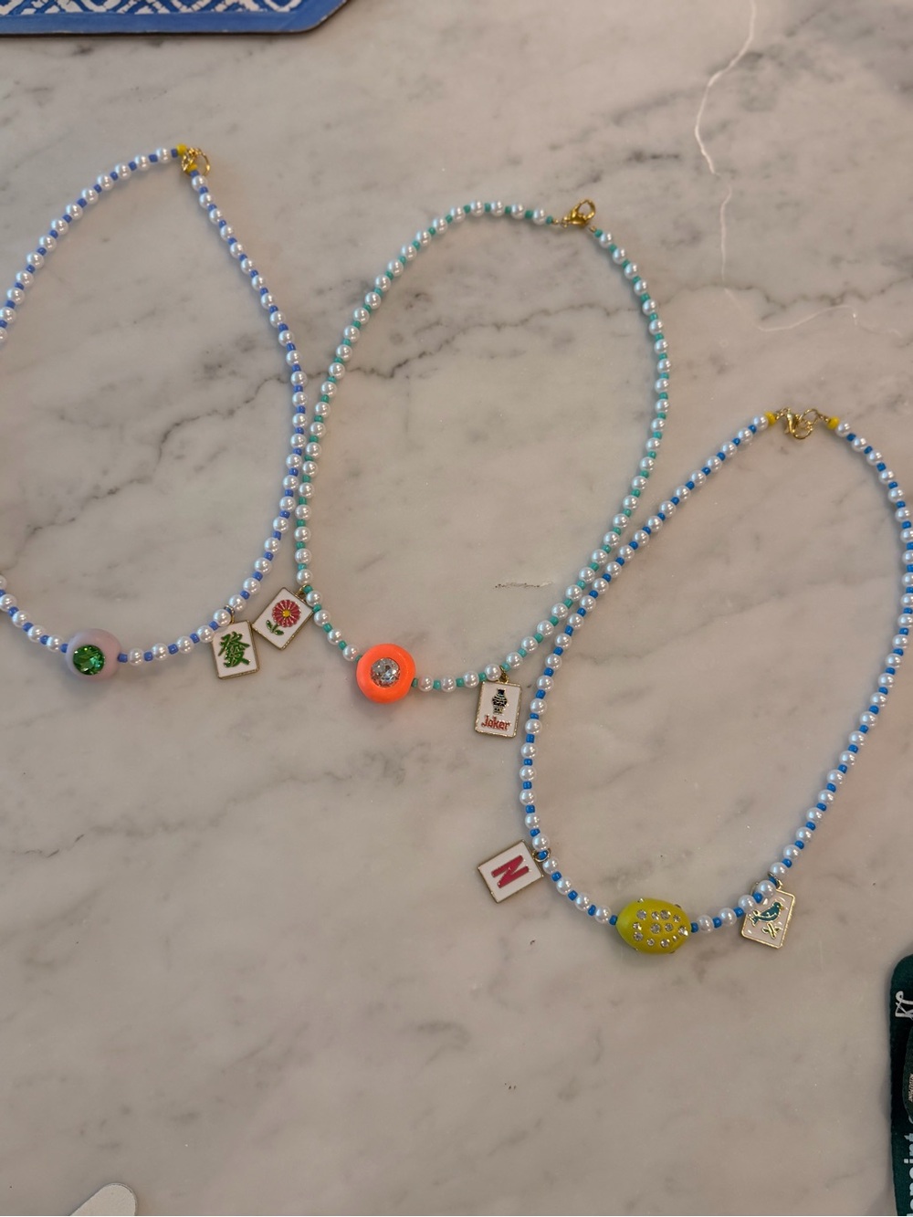 Mahjong Blue and Green and Pearl Beaded Charm Necklaces